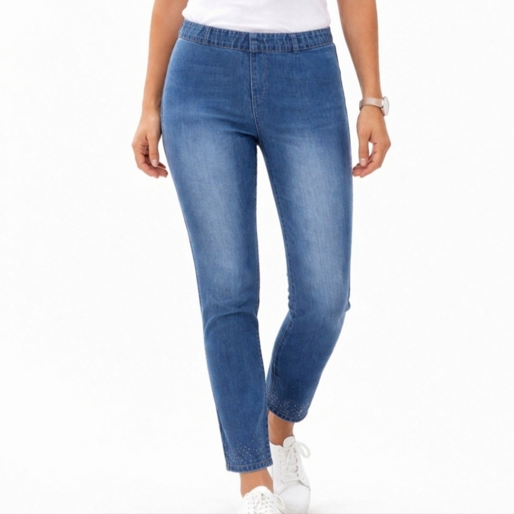 Soft Surroundings Women’s Pull On Jeans Size Medium Stretch Bling Ankle Details